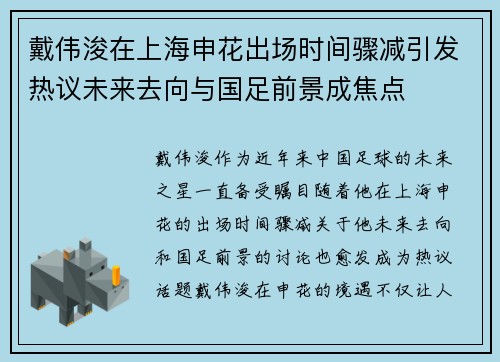 戴伟浚在上海申花出场时间骤减引发热议未来去向与国足前景成焦点